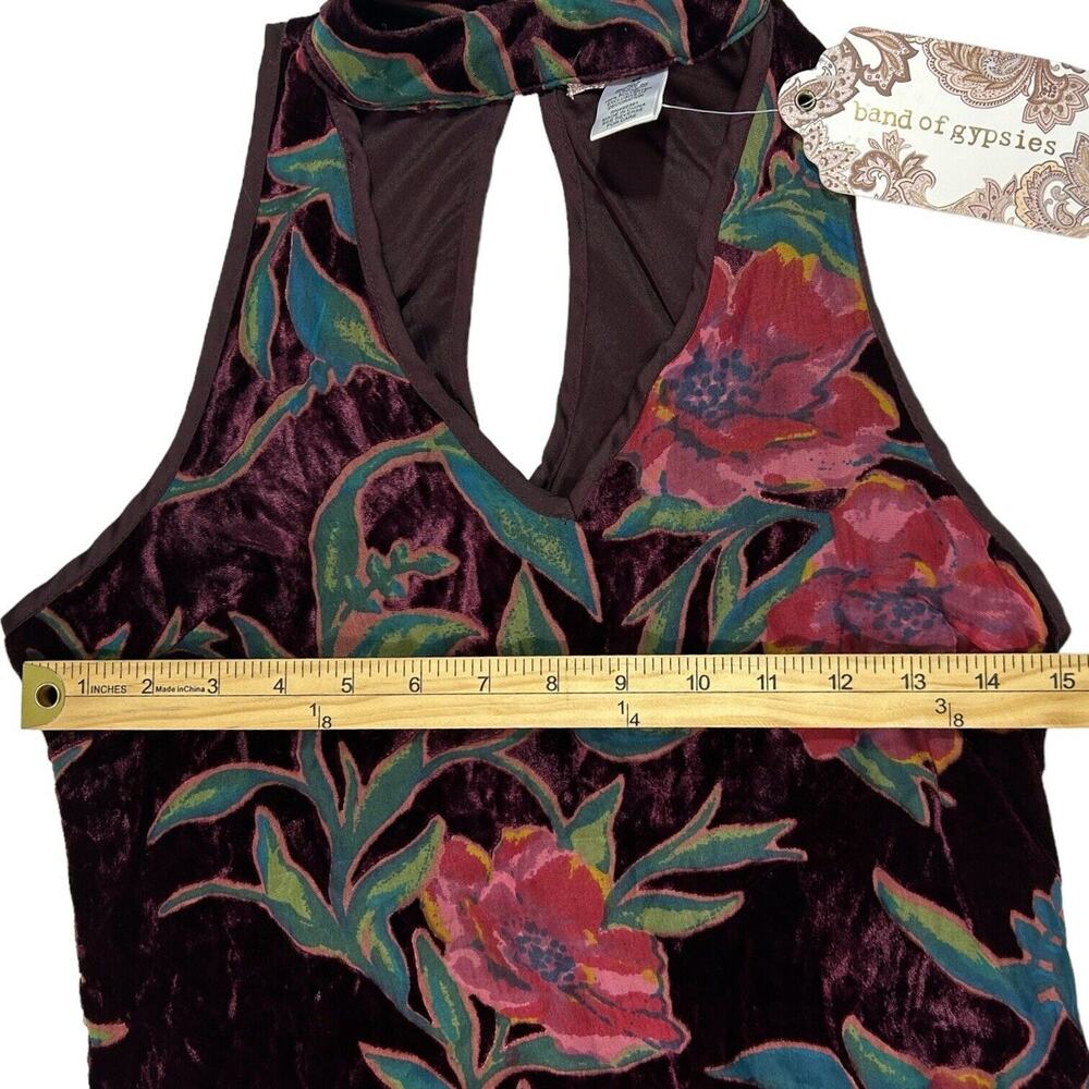 NWT Band of Gypsies Floral Velvet Halter Mini Dress Burgundy Plum XS Earthy Rose - Picture 16 of 16